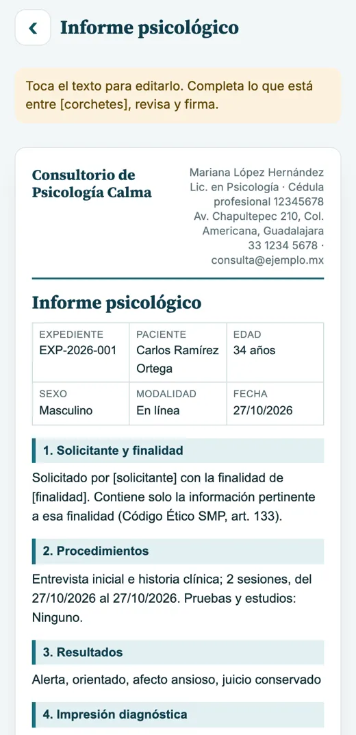 App: informe psicológico llenado con los datos del paciente