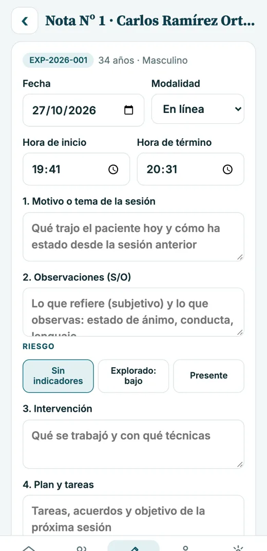App: formulario de la nota de sesión