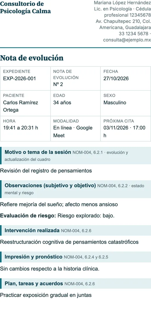 App: nota de evolución lista para imprimir y firmar