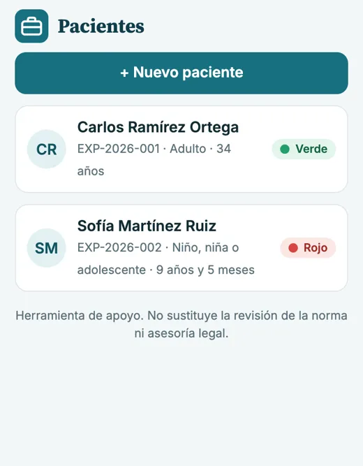 App: lista de pacientes con su color de semáforo