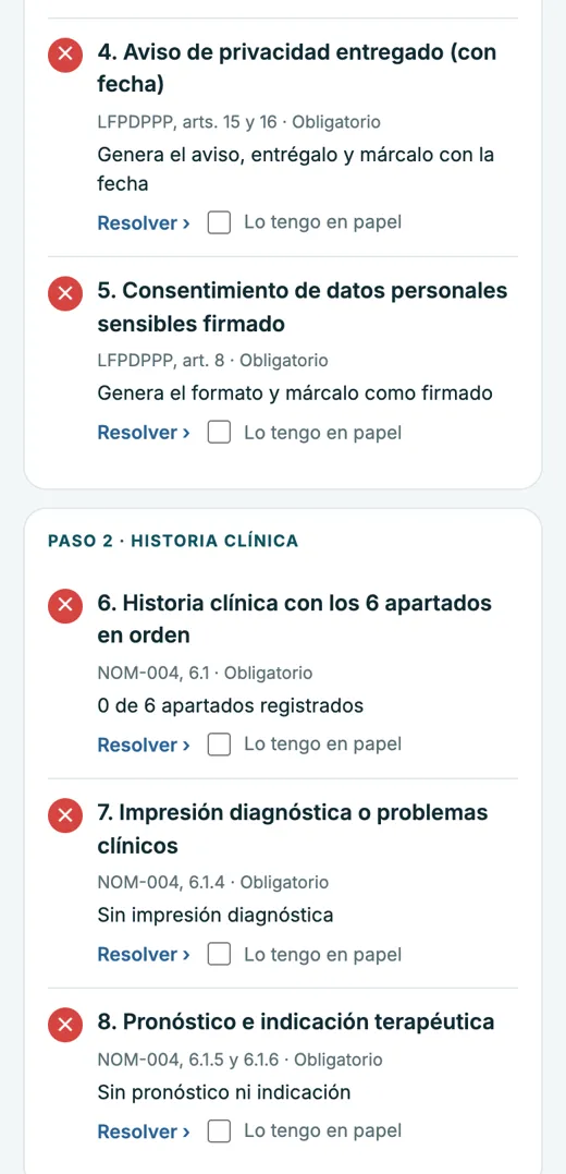 App: puntos de la historia clínica marcados como faltantes