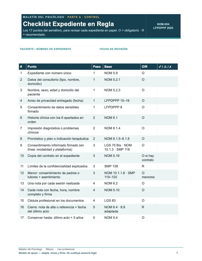 Checklist Expediente en Regla (17 puntos) (Word y PDF)