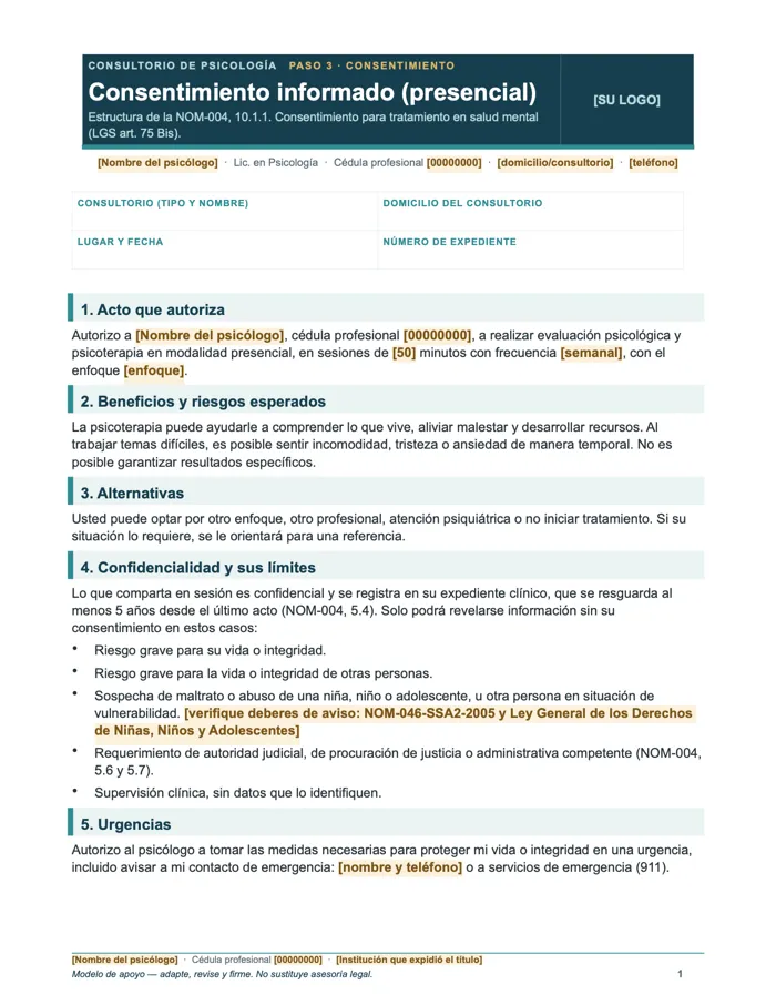 Consentimiento informado presencial (Word y PDF)