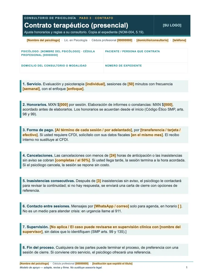 Contrato terapéutico presencial (Word y PDF)