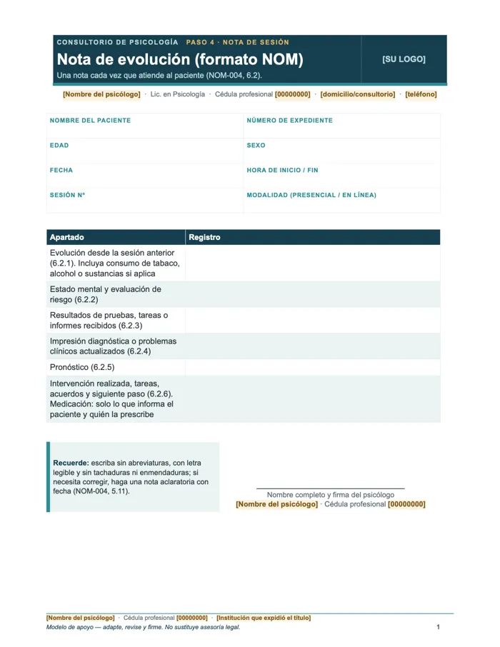 Nota de evolución formato NOM (Word y PDF)