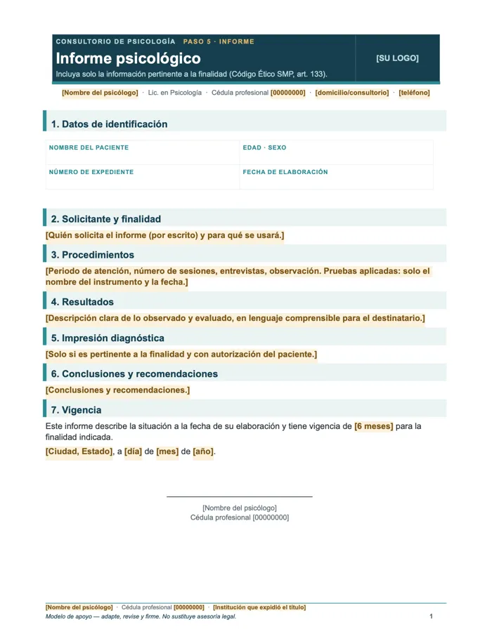 Informe psicológico (Word y PDF)